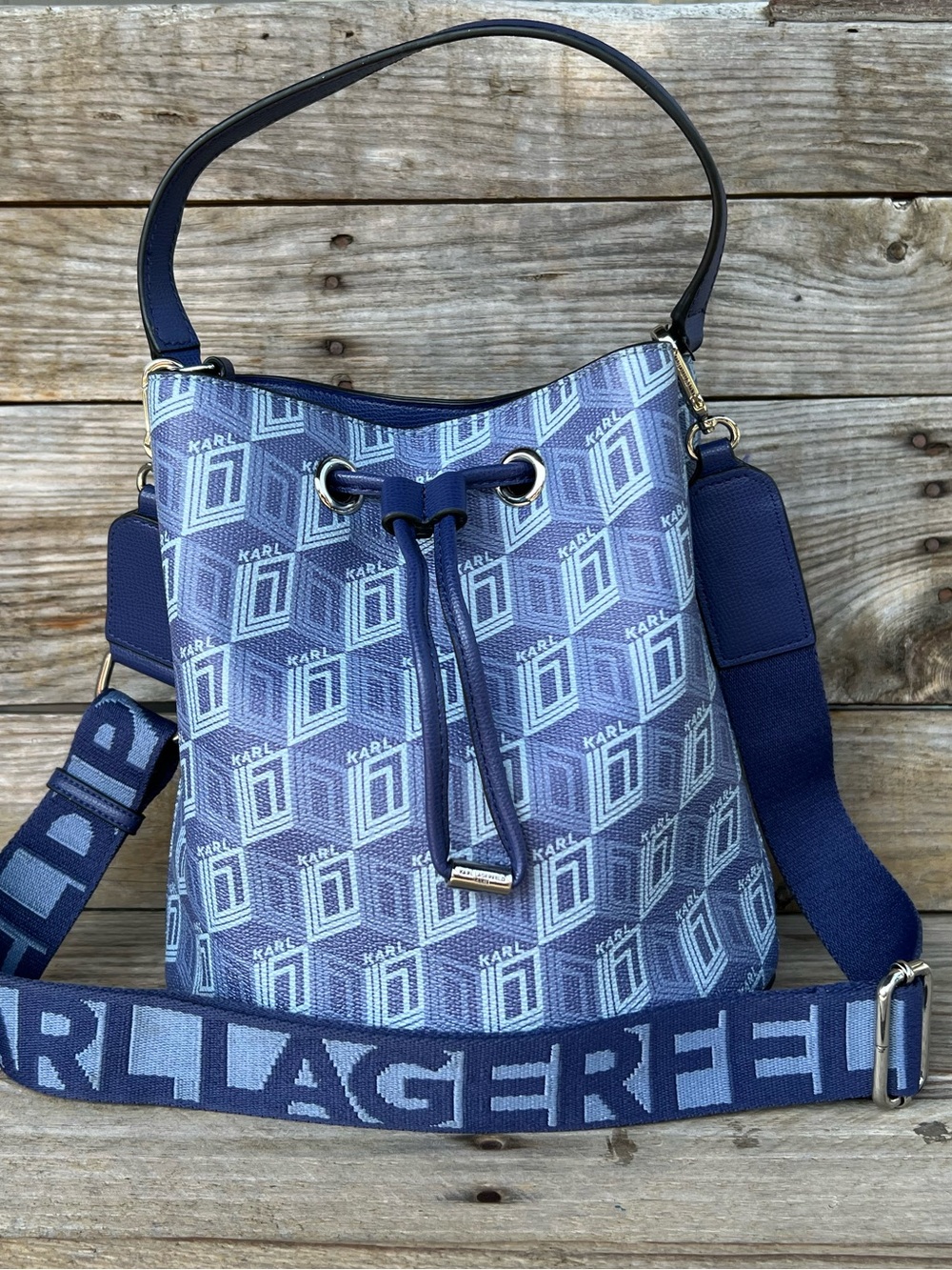 Karl Lagerfeld Paris Adele Crossbody Bucket Bag Monogrammed Indigo Blue